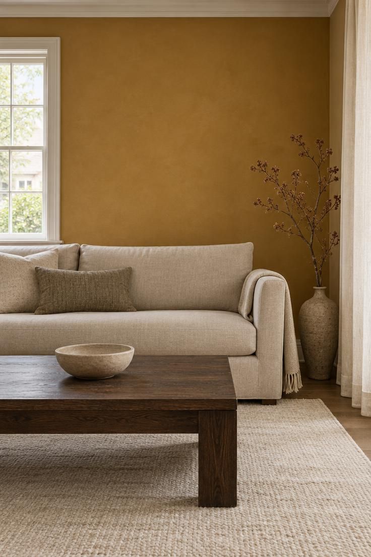 Minimalist Rules That Make Neutral Rooms Feel More Finished 5 Eye-level view of a neutral living room centered on one deliberate color move, a muted ochre accent wall behind a beige linen sofa with a dark wood coffee table and a single ceramic bowl in bright midday light.
