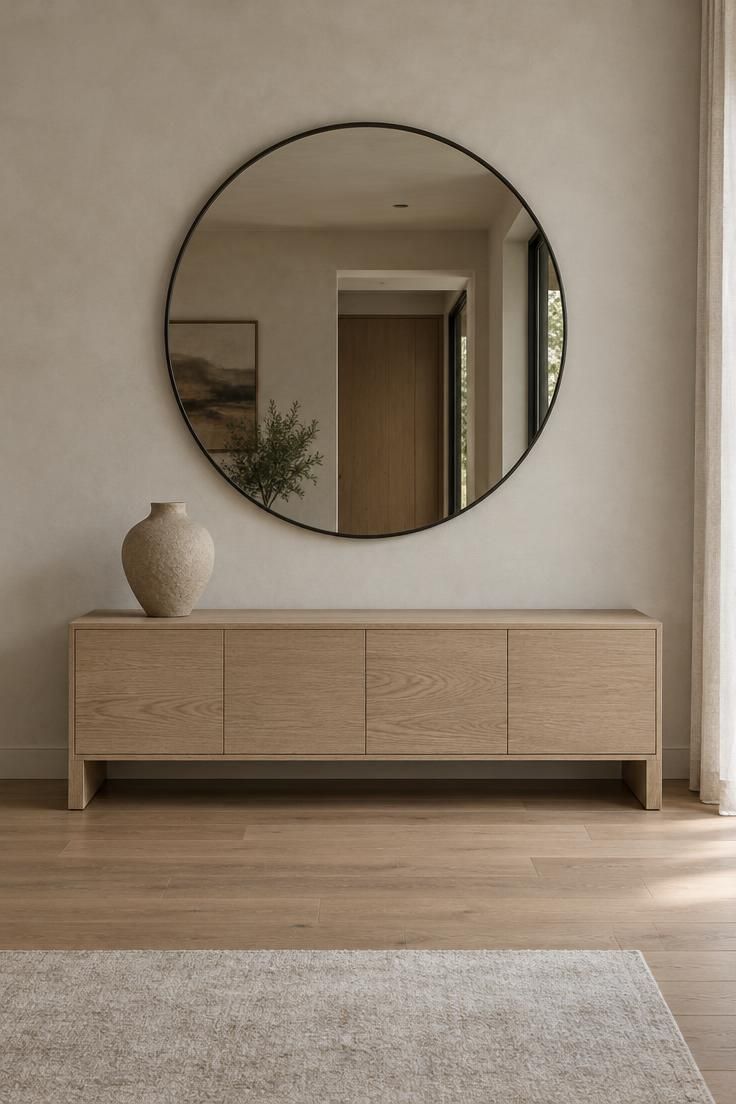 Minimalist Rules That Make Neutral Rooms Feel More Finished 6 Eye-level view of an oversized round mirror centered above a low oak console with one sculptural ceramic vase and wide empty plaster wall space, the mirror clearly larger than any surrounding object in the composition.