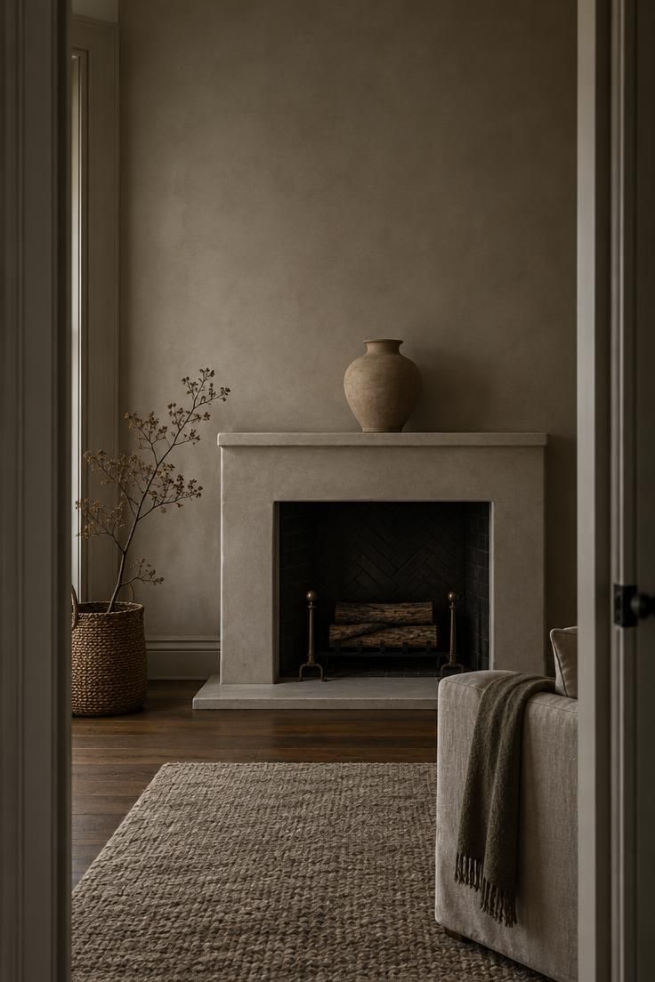 Minimalist Rules That Make Neutral Rooms Feel More Finished 7 Doorway view of a living room fireplace mantel holding one large clay-toned ceramic vessel, with substantial empty plaster wall space above and on each side in low moody light.