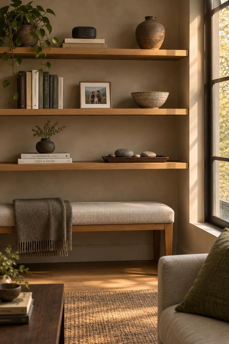 Minimalist Rules That Make Neutral Rooms Feel More Finished 8 Wide view of a private living room with minimalist rules adjusted for real life, showing open oak shelving with spaced personal objects including books, a small framed photo, a hand-thrown stoneware bowl, and collected stones in warm golden light.