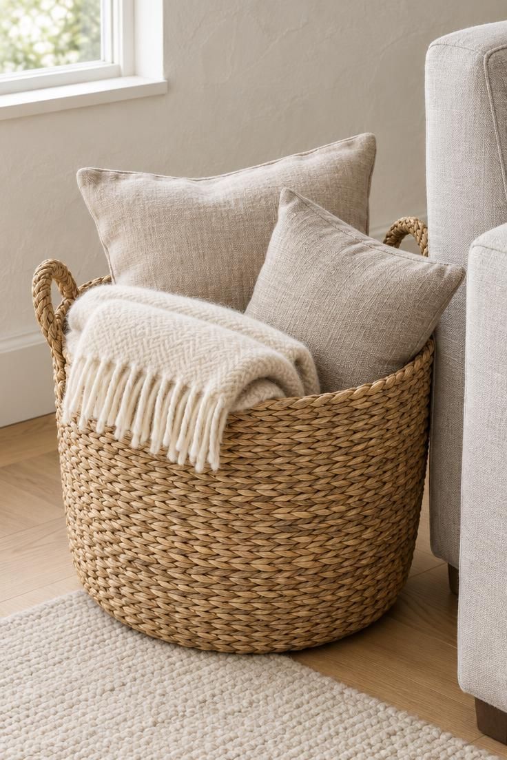 Minimalist Rules That Make Neutral Rooms Feel More Finished 9 Close-up of an open seagrass basket holding a folded cream wool throw and two oatmeal linen pillows, set on a pale wool rug over oak flooring in bright midday light.
