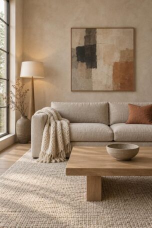 Wide, softly lit neutral living room with an oatmeal linen sofa, cream wool throw, terracotta accent pillow, light oak coffee table with a ceramic bowl, large abstract artwork, and a sculptural floor lamp over an off-white wool rug.