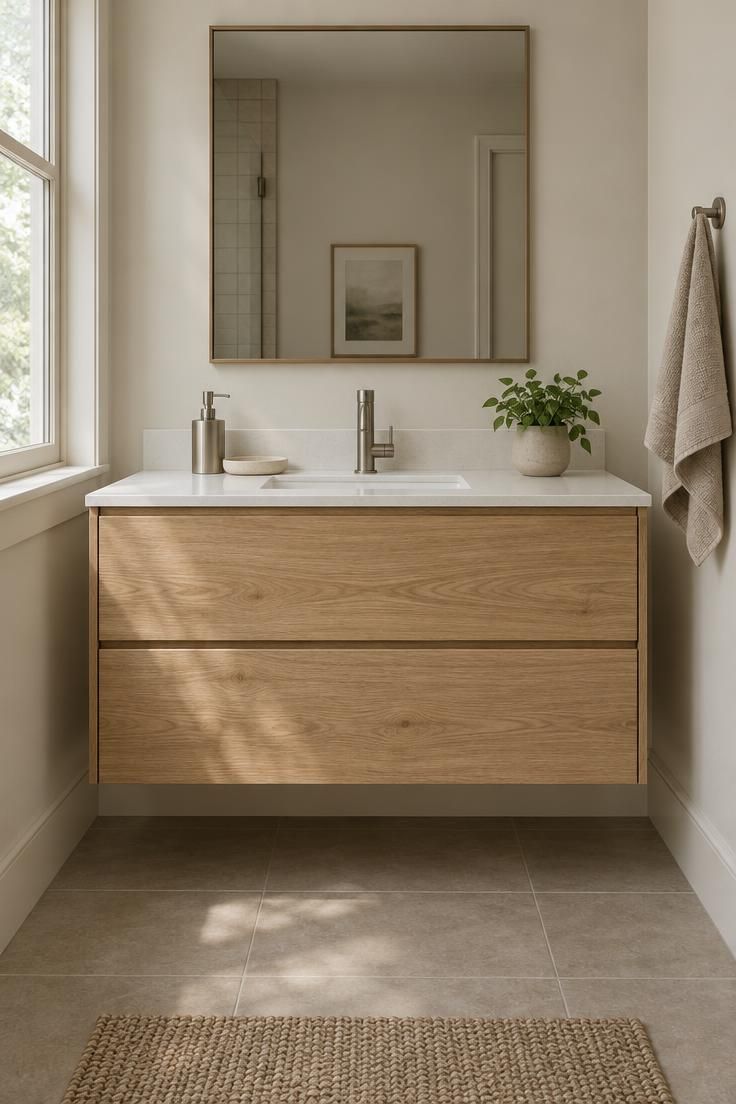 Minimalist Vanity Organization for a Clear and Functional Surface 1 A warm minimalist home bathroom vanity with a clear white quartz countertop holding a soap dispenser, an oval ceramic tray, and a small green plant, below a simple rectangular mirror and natural oak cabinetry.