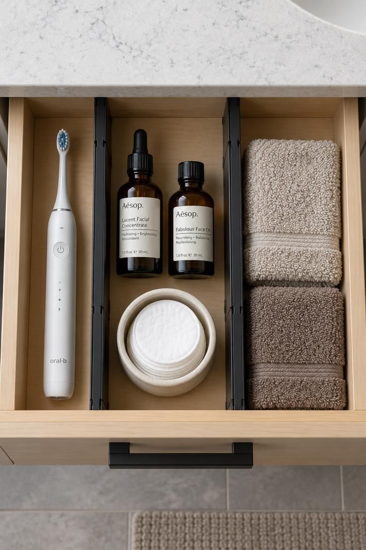 Minimalist Vanity Organization for a Clear and Functional Surface 2 An overhead view of an open vanity drawer with matte black adjustable dividers holding an electric toothbrush, two amber skincare bottles, a ceramic cotton pad container, and folded washcloths.