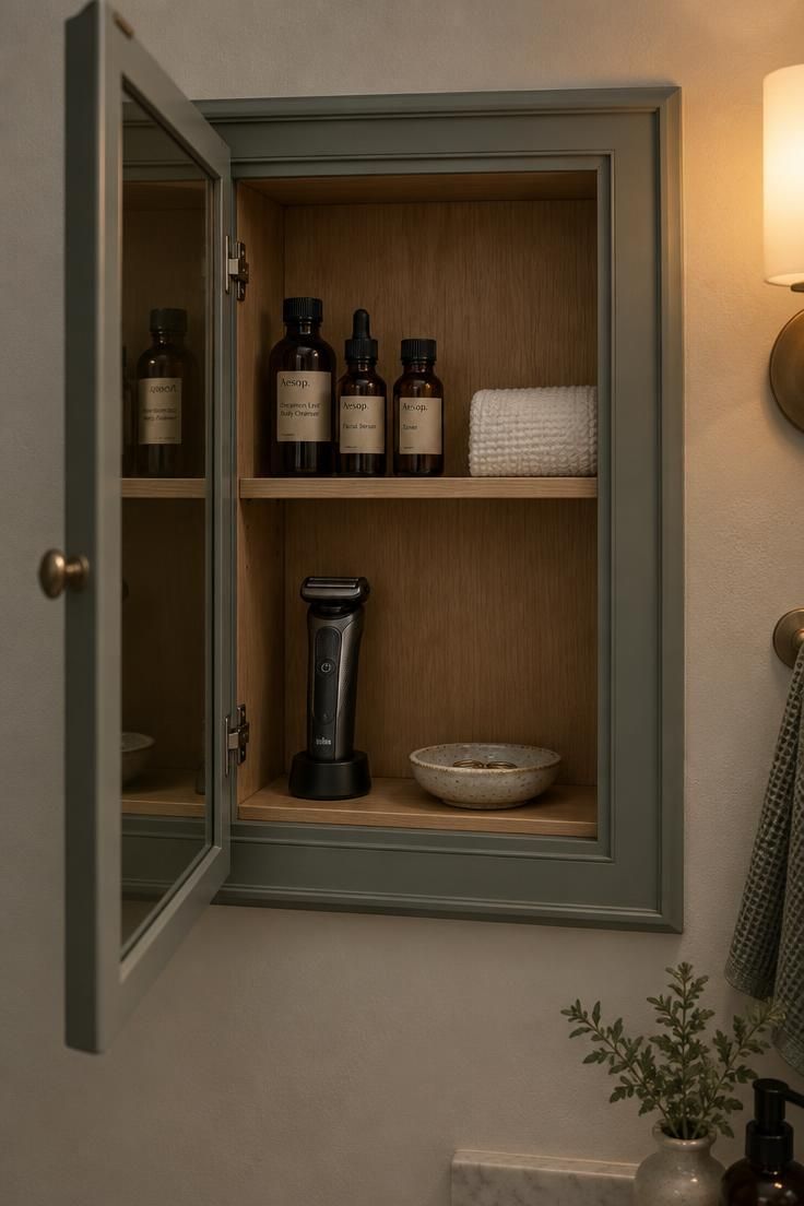 Minimalist Vanity Organization for a Clear and Functional Surface 3 A close-up of an open recessed medicine cabinet with light wood shelves holding amber bottles, a folded white washcloth, an electric razor, and a small dish against a gray-green painted surround.