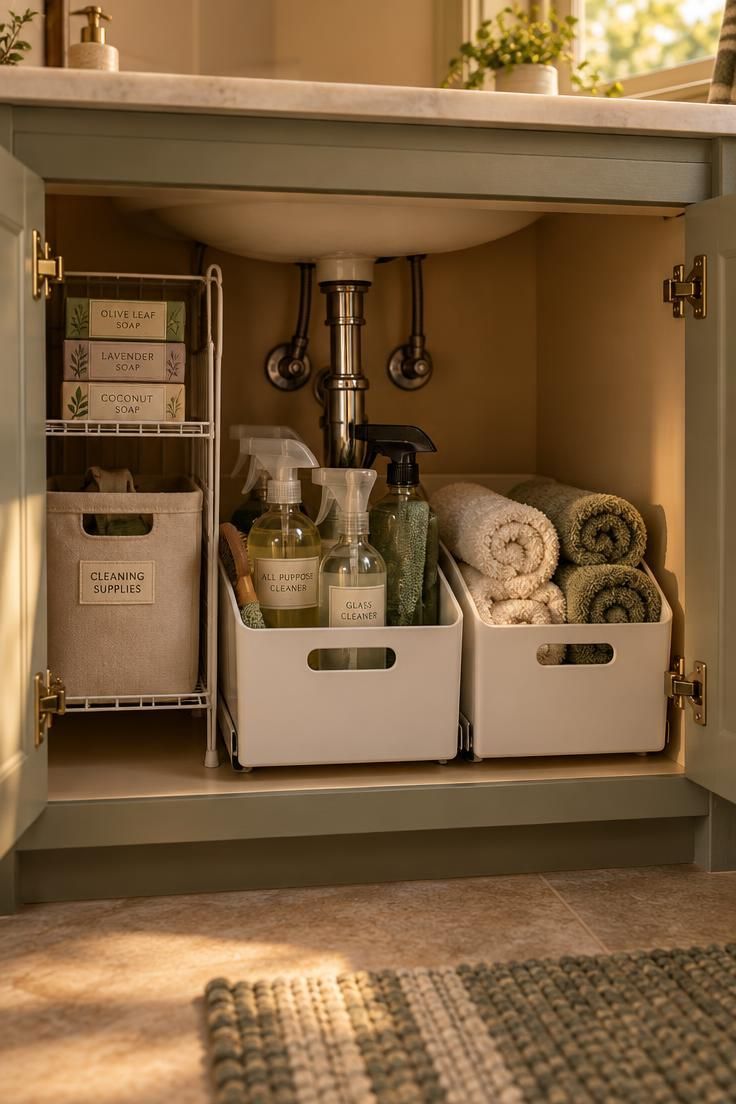 Minimalist Vanity Organization for a Clear and Functional Surface 4 A low view into an open under-sink cabinet with white slide-out bins holding cleaning sprays and rolled towels, a narrow wire shelf with soap boxes, and a labeled canvas bin around the plumbing.