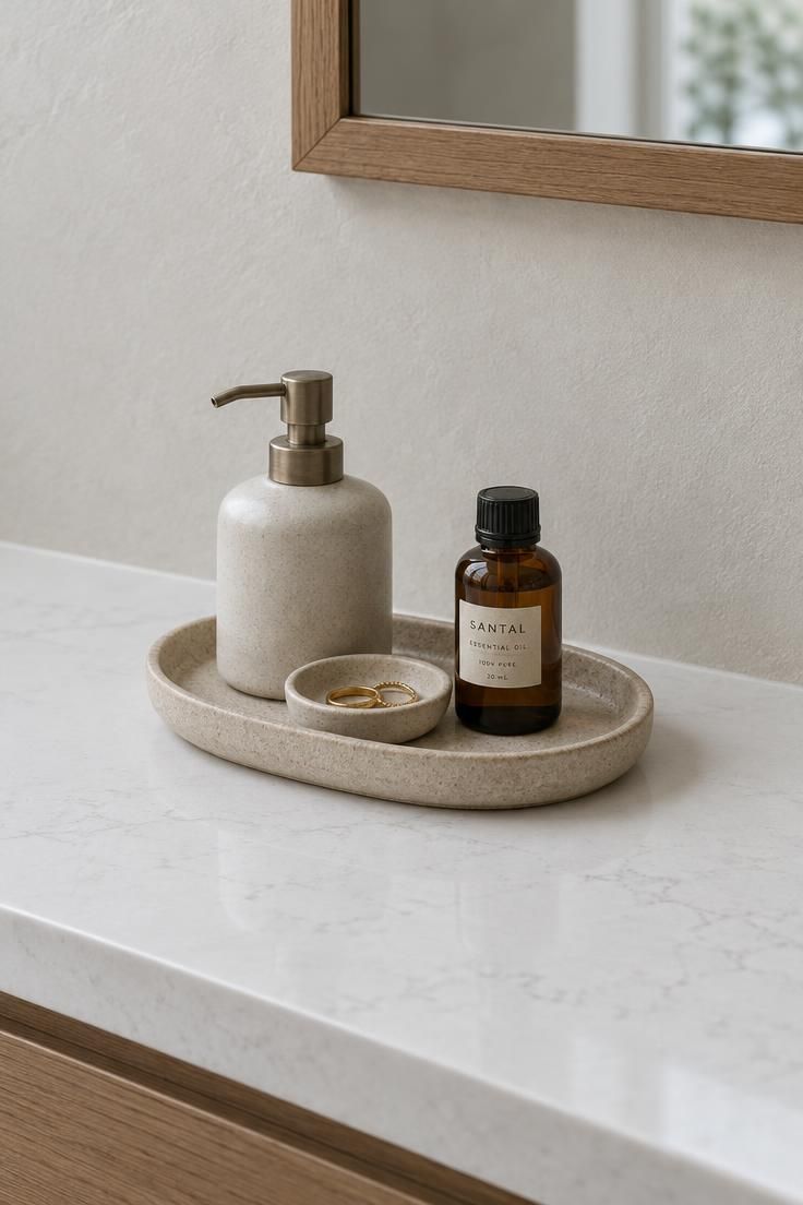 Minimalist Vanity Organization for a Clear and Functional Surface 5 A small sand-colored oval stoneware tray on a white quartz countertop holding a ceramic soap bottle, a ring dish, and an amber glass bottle, with clear counter around it.