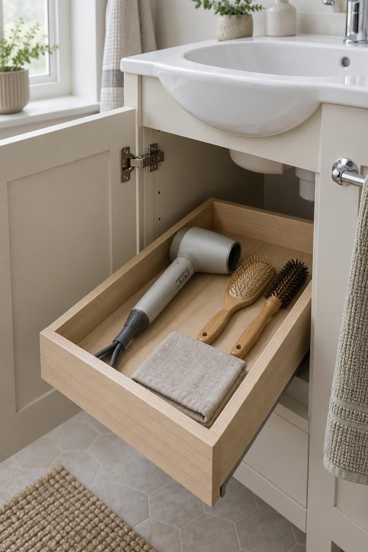 Minimalist Vanity Organization for a Clear and Functional Surface 6 An open under-sink cabinet in a private home bathroom with a pale wood pull-out liner tray holding a hair dryer, two narrow brushes, and a folded linen cloth.