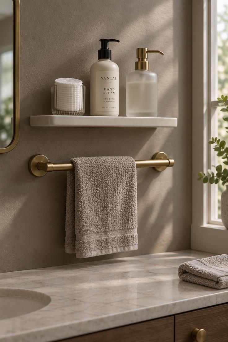 Minimalist Vanity Organization for a Clear and Functional Surface 7 Slim matte ceramic wall ledge above a brass towel bar holding a small glass of cotton rounds, a hand cream pump, and a frosted soap dispenser, with a mostly clear vanity below.