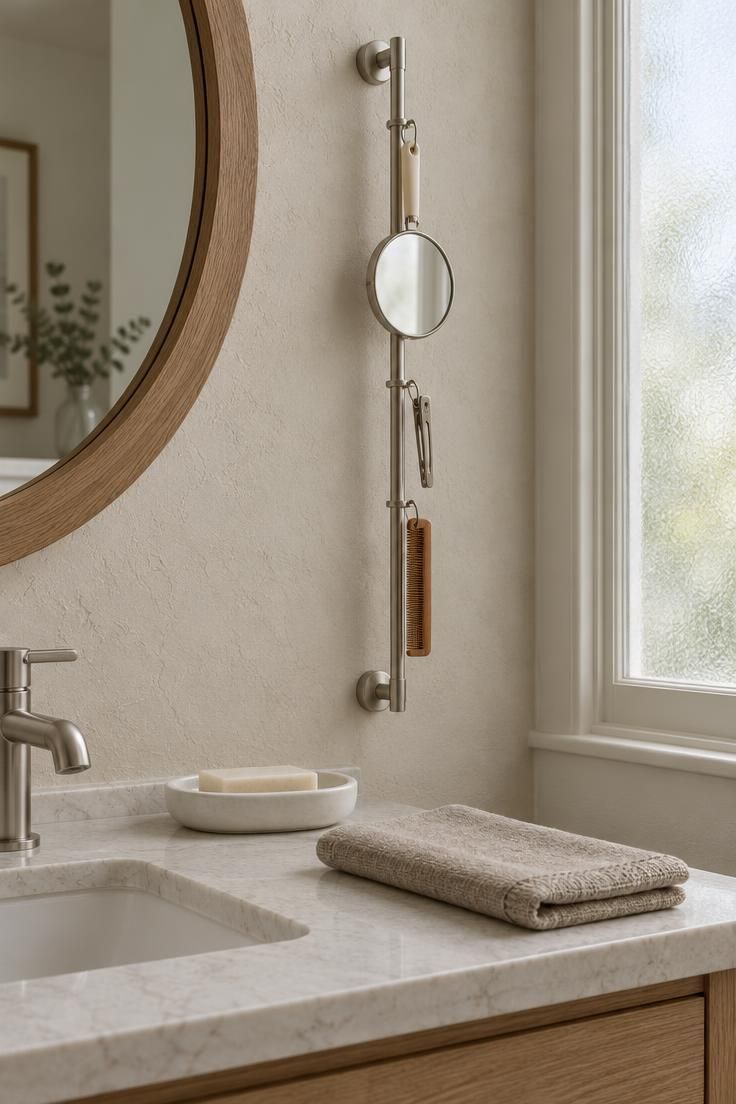 Minimalist Vanity Organization for a Clear and Functional Surface 8 A wall-mounted slim nickel rail beside a round wood mirror holds a folding hand mirror, hair clip, and wooden comb over a mostly clear white vanity counter.