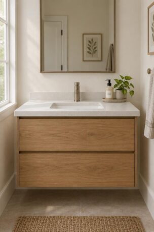 A compact home bathroom vanity in warm natural oak with an off-white quartz top, a small stoneware tray with soap and a green plant, and a simple rectangular mirror above.