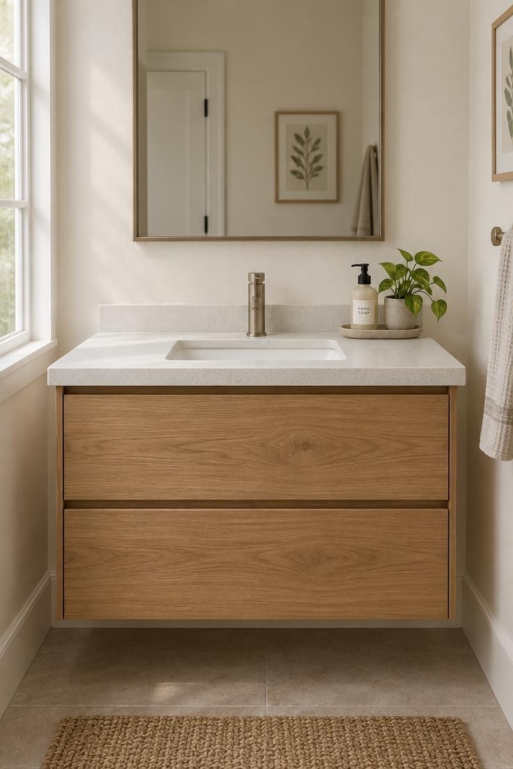 A compact home bathroom vanity in warm natural oak with an off-white quartz top, a small stoneware tray with soap and a green plant, and a simple rectangular mirror above.