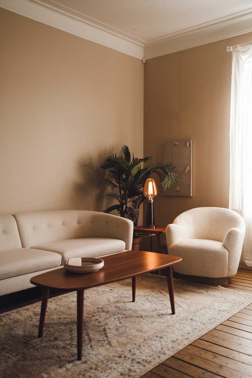 A minimalist vintage living room decor idea with a beige couch, a white chair, a wooden coffee table, and a vintage lamp. The room has beige walls and a wooden floor. There's a plant in the corner and a rug in front of the couch. The lighting is warm.