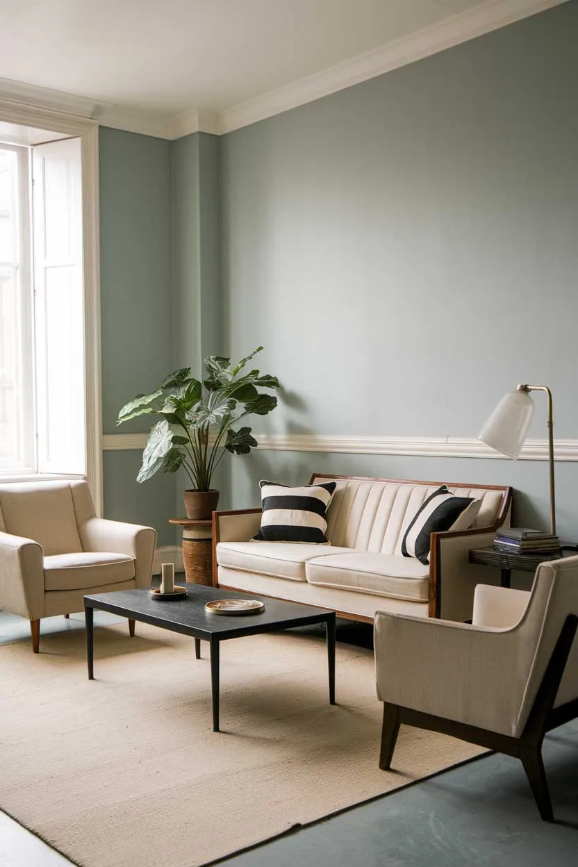 A photo of a vintage living room with a minimalist decor. The room has a beige sofa with black and white cushions, a black coffee table, and a beige armchair. There is a wooden side table next to the armchair. The walls are painted in a light blue color. There is a potted plant near the window. The floor is covered with a beige rug.