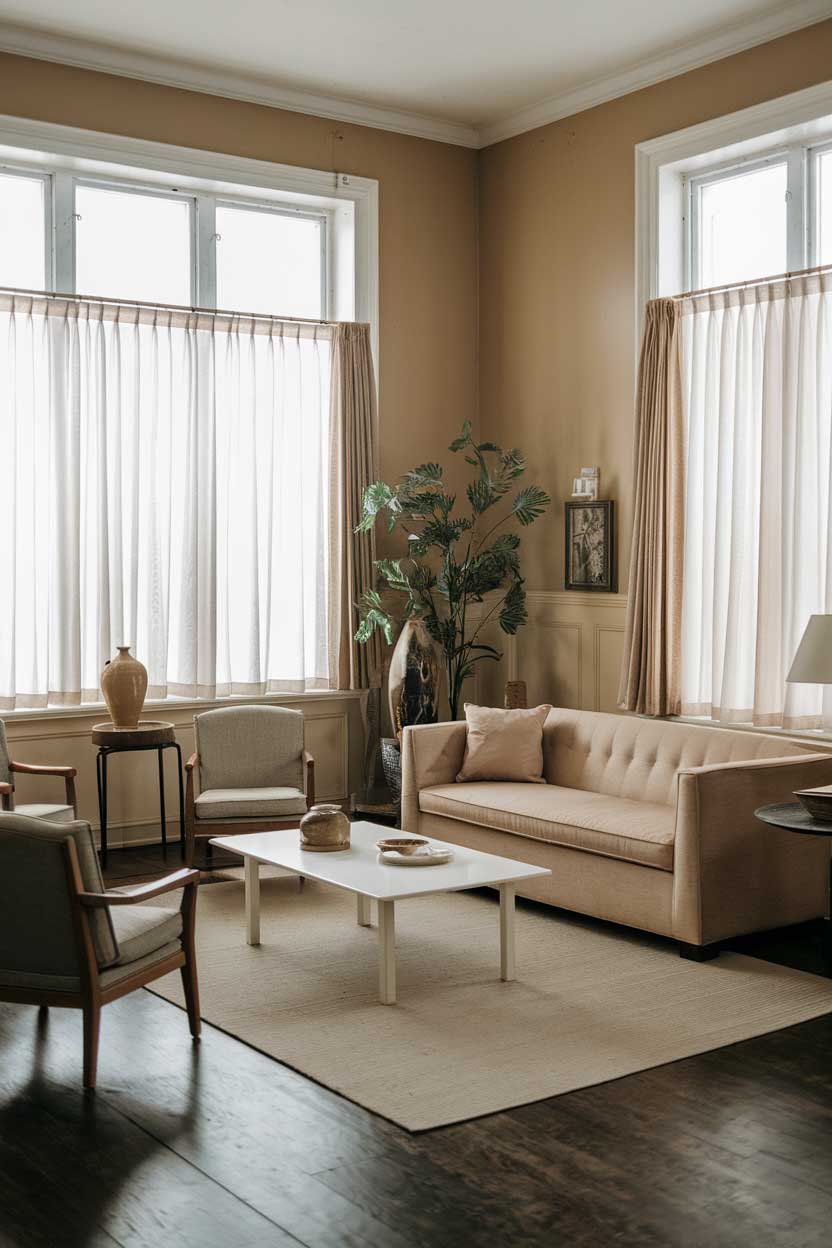 A photo of a vintage living room with a minimalist decor. The room has a beige sofa, a white coffee table, and a few chairs. There's a plant in the corner. The walls are painted beige. The floor is made of dark wood. There are a few decorative items, including a vase and a lamp. The room has large windows with curtains.