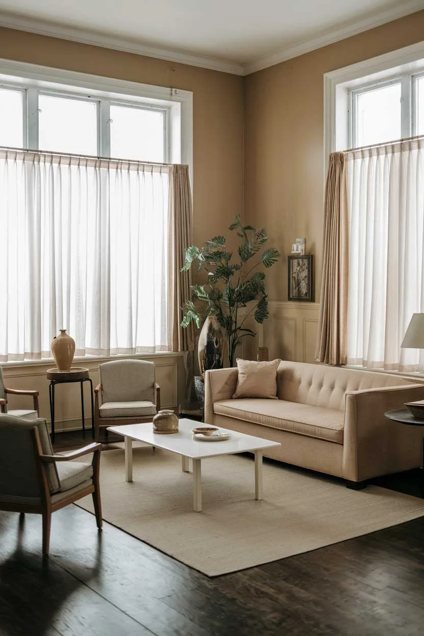 A photo of a vintage living room with a minimalist decor. The room has a beige sofa, a white coffee table, and a few chairs. There's a plant in the corner. The walls are painted beige. The floor is made of dark wood. There are a few decorative items, including a vase and a lamp. The room has large windows with curtains.