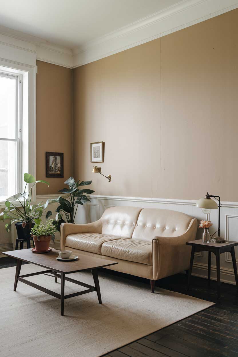 A photo of a minimalist vintage living room with a beige couch, a wooden coffee table, and a few potted plants. The room has beige walls, white trim, and dark wooden floors. There is a vintage lamp on the table and a small table beside the couch. The room has a few decorations, including a framed picture and a vase with a flower.