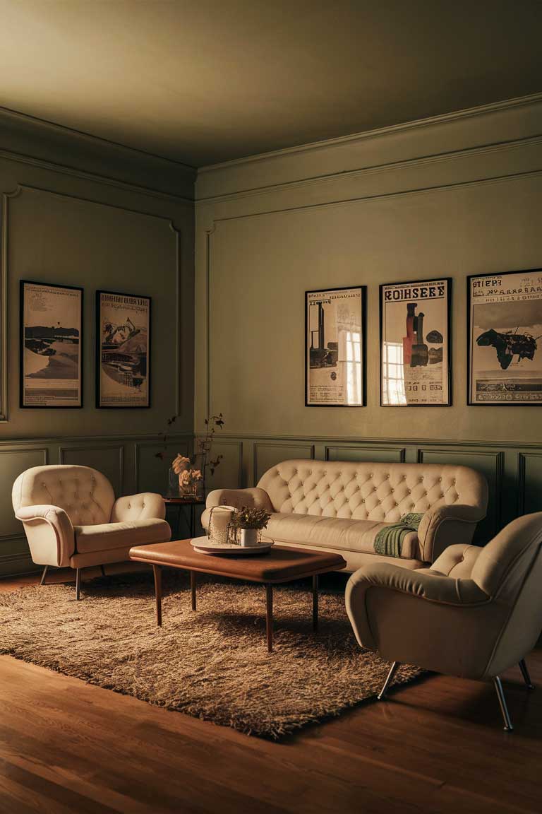 A striking minimalist vintage living room decor concept, featuring a muted color palette of creams, beiges, and soft greens. The room includes a plush, tufted sofa, a retro wooden coffee table, and a shaggy area rug. The walls are adorned with simple, framed vintage travel posters. A warm, golden light fills the space, creating a cozy and inviting atmosphere