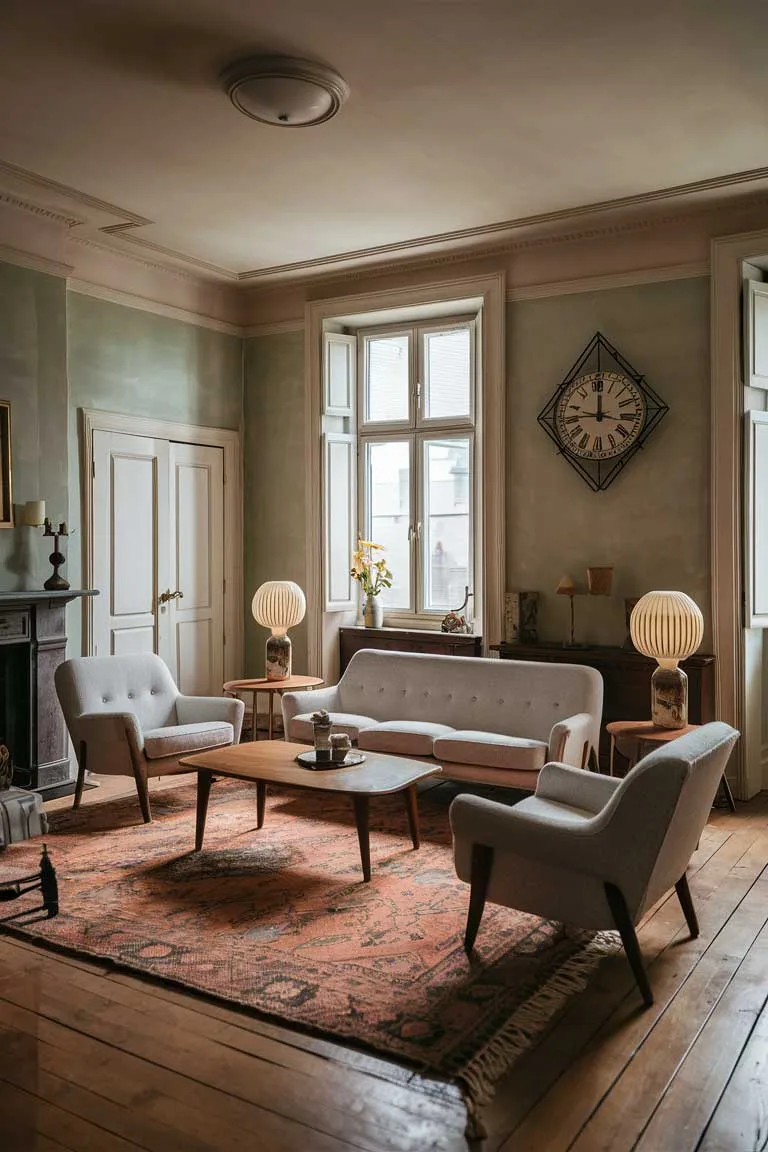 A beautifully curated vintage living room with a minimalist touch. The room features a muted color palette of cream, beige, and soft pastels, with a plush, patterned rug underneath a simple wooden coffee table. A white, mid-century modern sofa is paired with two matching armchairs, inviting relaxation. A pair of vintage table lamps and a unique, geometric wall clock add character to the space. Large windows let in natural light, while a fireplace creates a cozy ambiance.