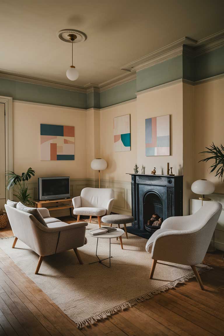 A cozy and stylish vintage living room with minimalist decor. The room features a muted color palette of creams, beiges, and earth tones with a touch of pastel blues and pinks. There's a mid-century modern sofa with wooden legs and a retro TV stand. A pair of simple, elegant lamps with white shades sit on either side of the fireplace, which is adorned with a few small ornaments. The walls are adorned with abstract art pieces in soft hues, and a few potted plants add a touch of nature to the space.