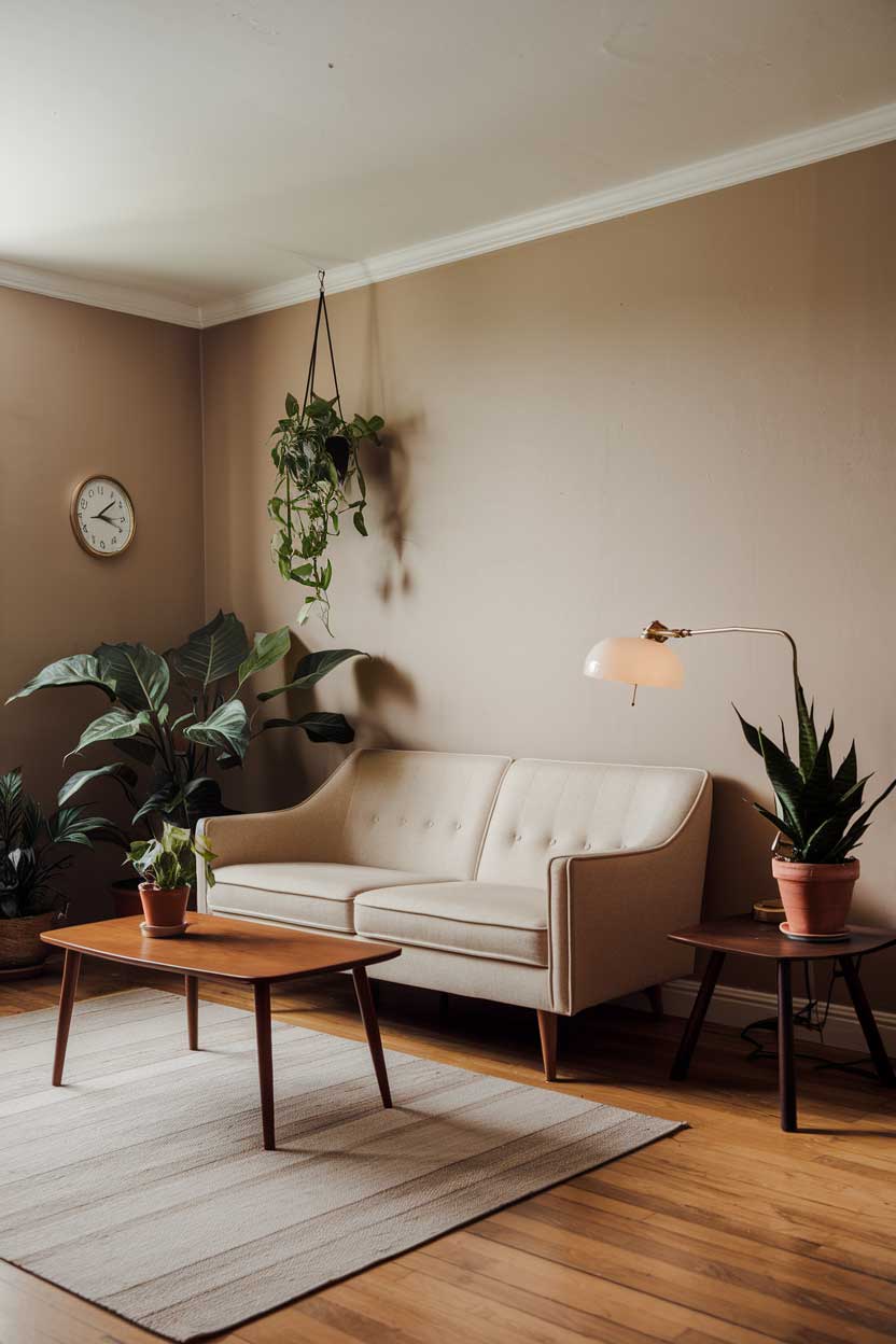 A photo of a minimalist vintage living room with a beige sofa, a few potted plants, a wooden coffee table, and a vintage lamp. The room has beige walls, a white ceiling, and a hardwood floor. There's a rug in front of the sofa. The room has a few items on the wall, including a clock and a hanging plant. The lighting is soft.