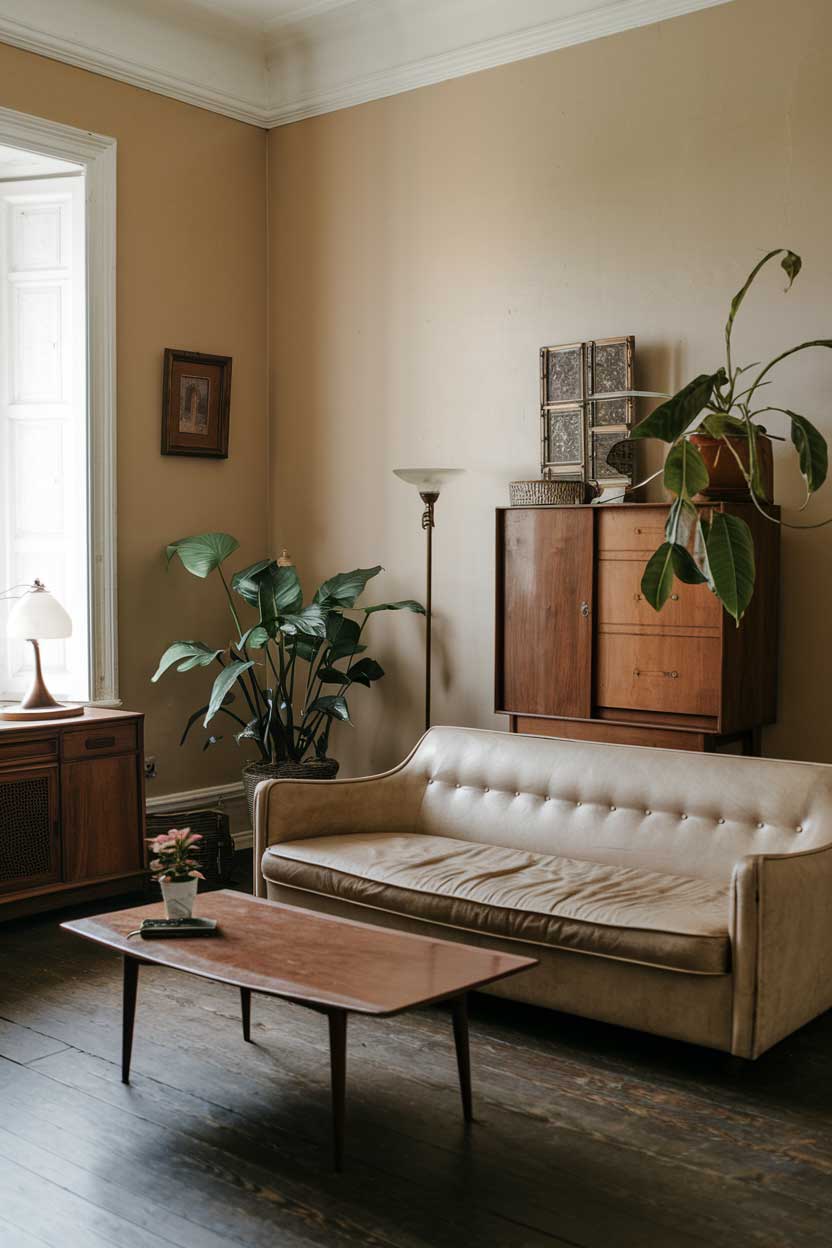 A vintage living room with a minimalist design. The room contains a beige sofa, a coffee table with a wooden top, and a wooden cabinet. There's also a plant and a lamp. The walls are painted beige, and the floor is made of dark wood.