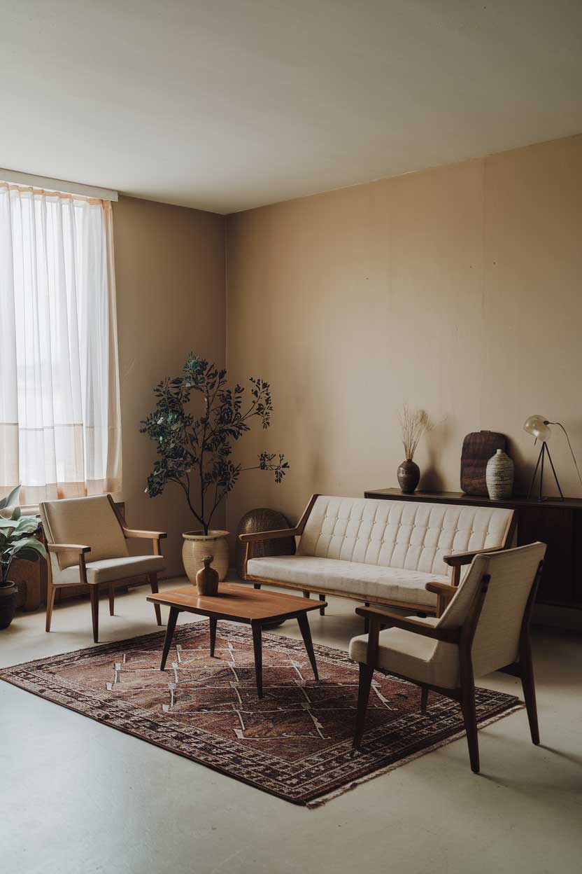 A minimalist vintage living room decor. There's a beige sofa with wooden legs, two wooden chairs, and a wooden coffee table in the middle. A patterned rug is placed under the furniture. A potted plant is placed near the window. The walls are painted beige. There are a few decorative items, including a vase and a lamp. The room has a vintage feel with its wooden furniture and patterned rug.