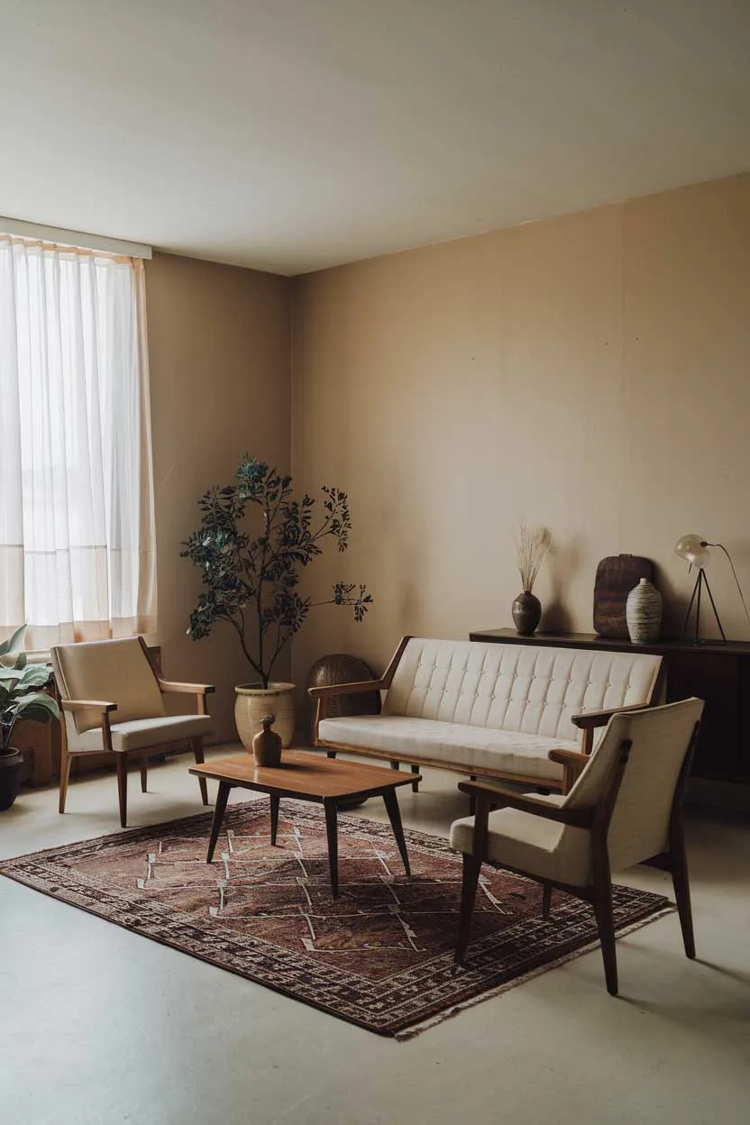 A minimalist vintage living room decor. There's a beige sofa with wooden legs, two wooden chairs, and a wooden coffee table in the middle. A patterned rug is placed under the furniture. A potted plant is placed near the window. The walls are painted beige. There are a few decorative items, including a vase and a lamp. The room has a vintage feel with its wooden furniture and patterned rug.