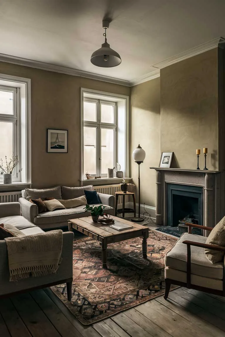 A cozy and inviting minimalist vintage living room decor photo, featuring a muted color palette with shades of beige, brown, and white. The room includes a comfortable sofa, a vintage wooden coffee table, a classic floor lamp, and a fireplace with a mantel displaying a few simple decorative items. Large windows let in ample natural light, and a vintage-style rug adds warmth to the space.