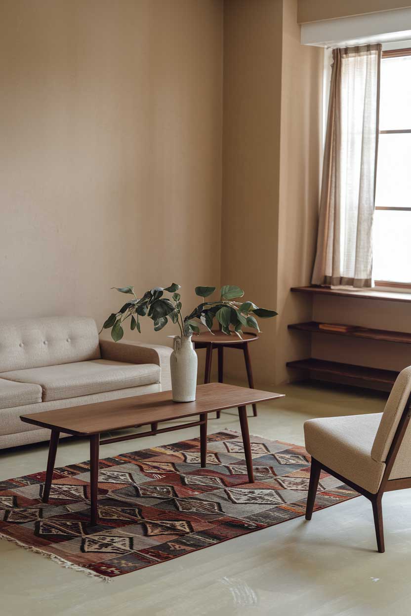 A photo of a minimalist vintage living room with a beige sofa, a wooden coffee table, and a beige chair. There is a patterned rug on the floor. A wooden side table is placed near the beige chair. On the coffee table, there is a white vase with a green plant. The walls are painted beige. There is a wooden shelf near the window. The window has beige curtains.