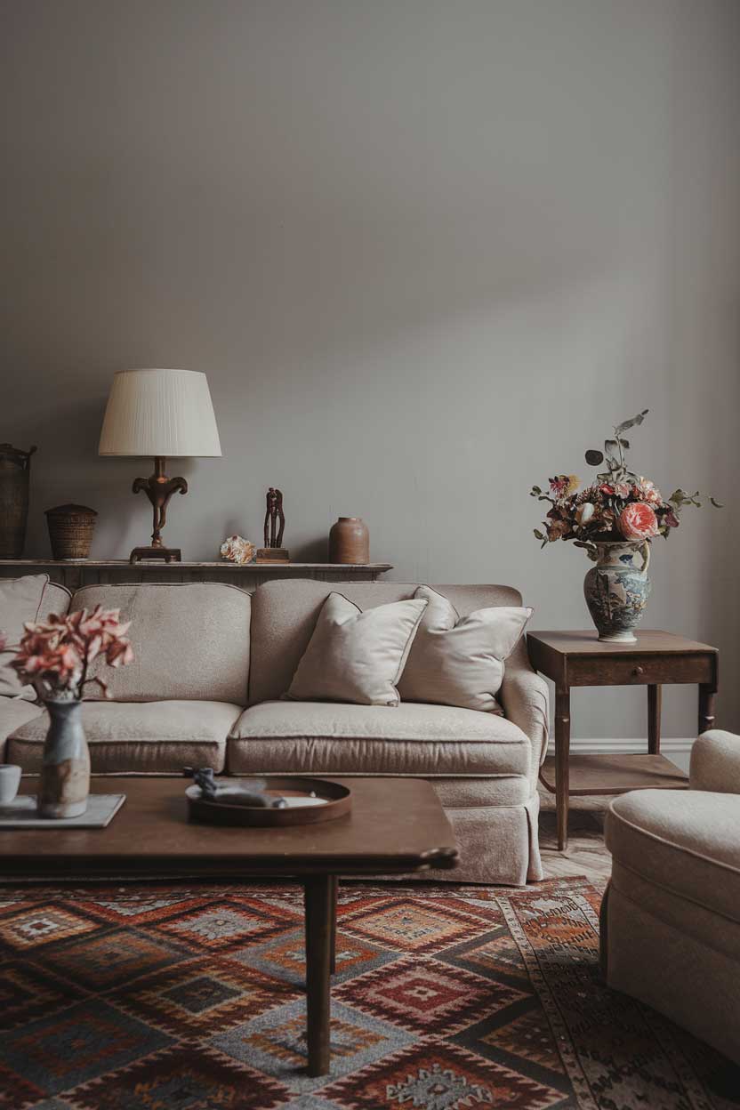 A minimalist vintage living room with a beige sofa, a few cushions, a wooden coffee table, and a side table. There is a lamp on the wooden coffee table and a decorative vase with flowers on the side table. The room has a patterned rug and a few decorative items. The walls are painted gray.