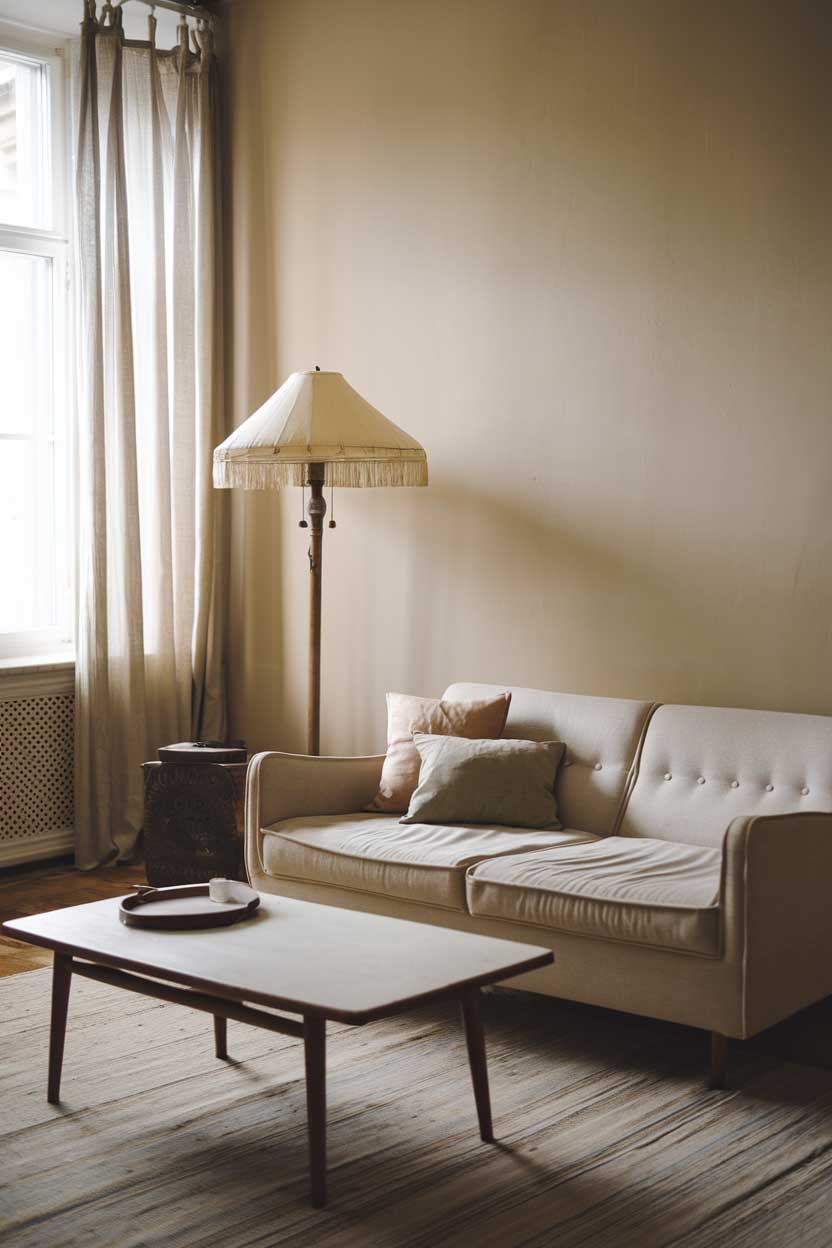 A minimalist vintage living room decor idea. There's a beige sofa with a few pillows in the center of the room. A wooden coffee table with a white top is placed in front of the sofa. A vintage lamp with a beige shade stands near the window. The walls are painted beige. There's a rug beneath the sofa.