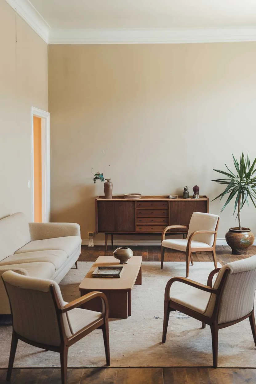 A minimalist vintage living room with a beige sofa, a few chairs, and a coffee table. There's a wooden sideboard against the wall. The walls are painted beige. There's a plant in a ceramic pot near the sideboard. The room has hardwood floors.