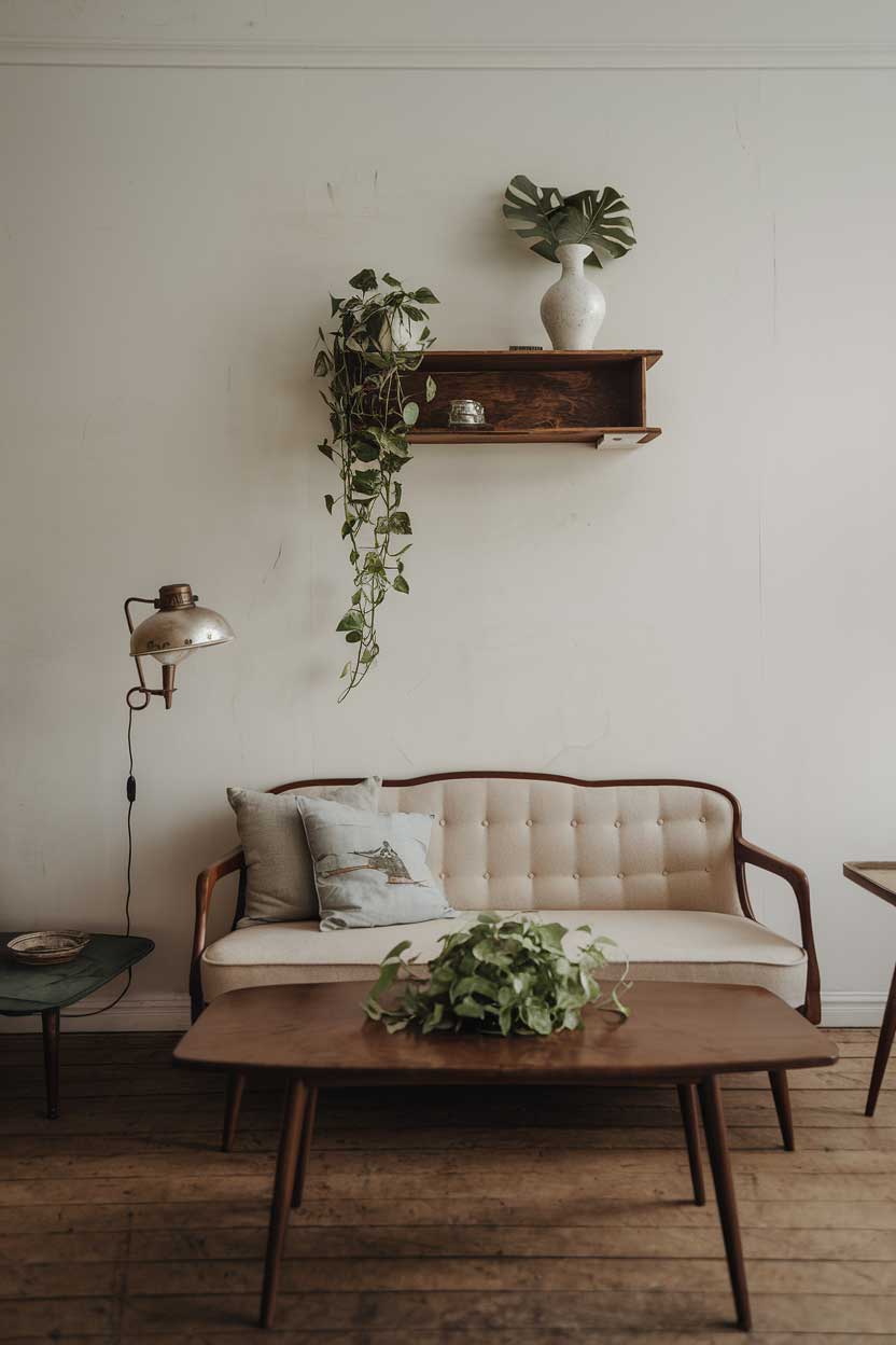 A minimalist vintage living room. There's a beige sofa with a few cushions, a wooden coffee table with a green plant, and a vintage lamp near the sofa. On the wall, there's a wooden floating shelf with a white vase and a green plant. The floor is wooden.