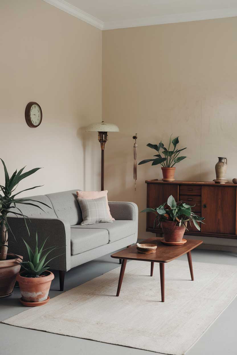 A minimalist vintage living room decor idea with a gray sofa, a few potted plants, and a wooden coffee table. There's a vintage lamp beside the sofa and a vintage sideboard against the wall. The floor is covered with a light-colored rug. The room has a few items of decor, such as a wall clock and a ceramic vase. The walls are painted in a soft beige color.