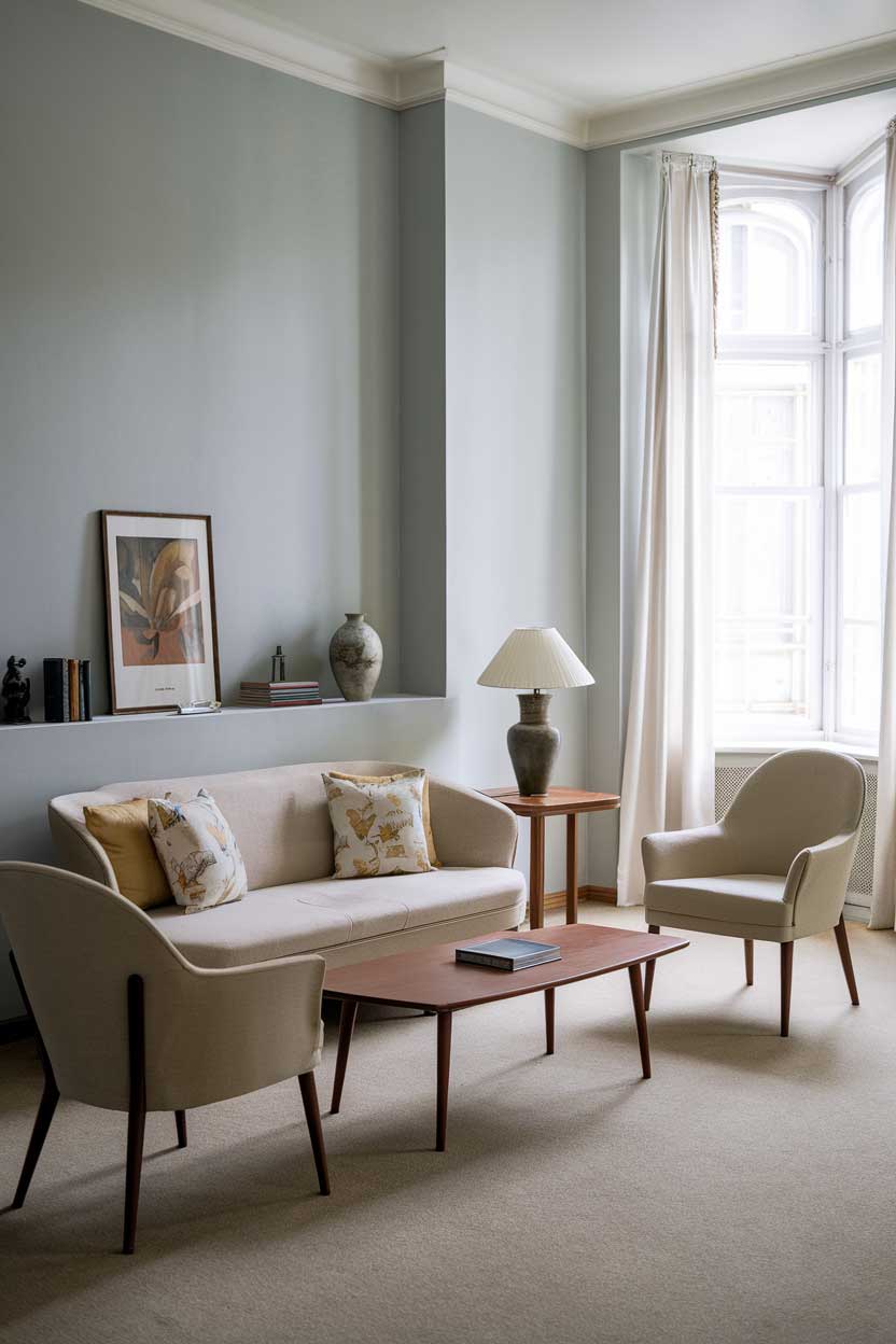 A vintage living room with a minimalist decor. There's a beige sofa with a few cushions in a floral pattern. There are two beige chairs with wooden legs. A wooden coffee table is placed in front of the sofa. The walls are painted in a light blue color. A few decorative items, including a lamp, a vase, and a few books, are placed on a shelf above the sofa. The room has a large window with white curtains. The floor is covered with a beige carpet.