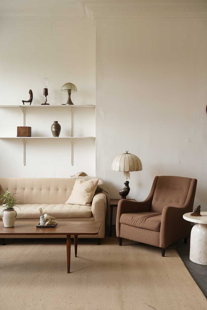 A minimalist vintage living room with a beige sofa, a brown armchair, a wooden coffee table, and a white side table. There's a vintage lamp on the brown armchair and a small potted plant on the wooden coffee table. The room has a beige rug and a white wall with a few shelves. The shelves hold a few vintage items, including a lamp, a vase, and a small sculpture. The room has a few more vintage items, such as a wooden box on the beige sofa and a small sculpture on the white side table. The room has a few more items, including a beige throw pillow on the beige sofa and a white vase on the white side table.