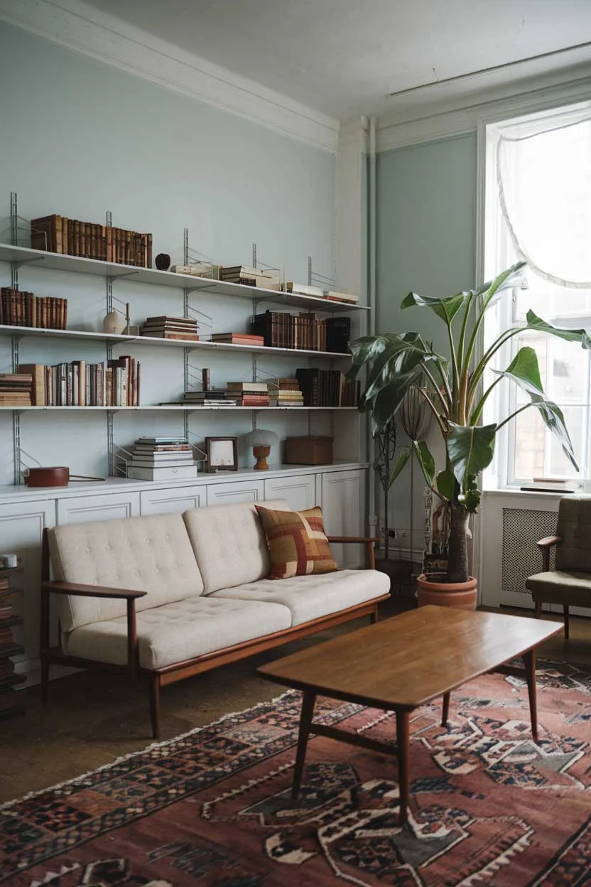 A vintage living room with a minimalist design. There is a beige sofa with wooden legs and a few throw pillows. A wooden coffee table sits in front of the sofa. In the background, there's a white bookshelf filled with books and a few decorative items. The room has a patterned rug and a large potted plant near the window. The walls are painted a light blue color.