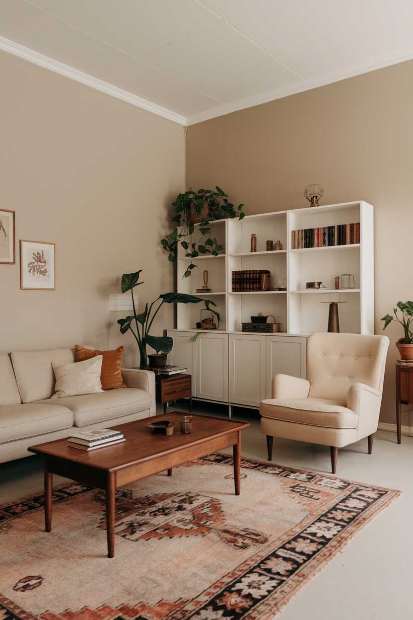 A minimalist vintage living room decor idea. The room contains a beige sofa, a wooden coffee table, a beige armchair, and a white bookshelf. The walls are painted beige, and there is a vintage rug on the floor. There are a few plants in the room.