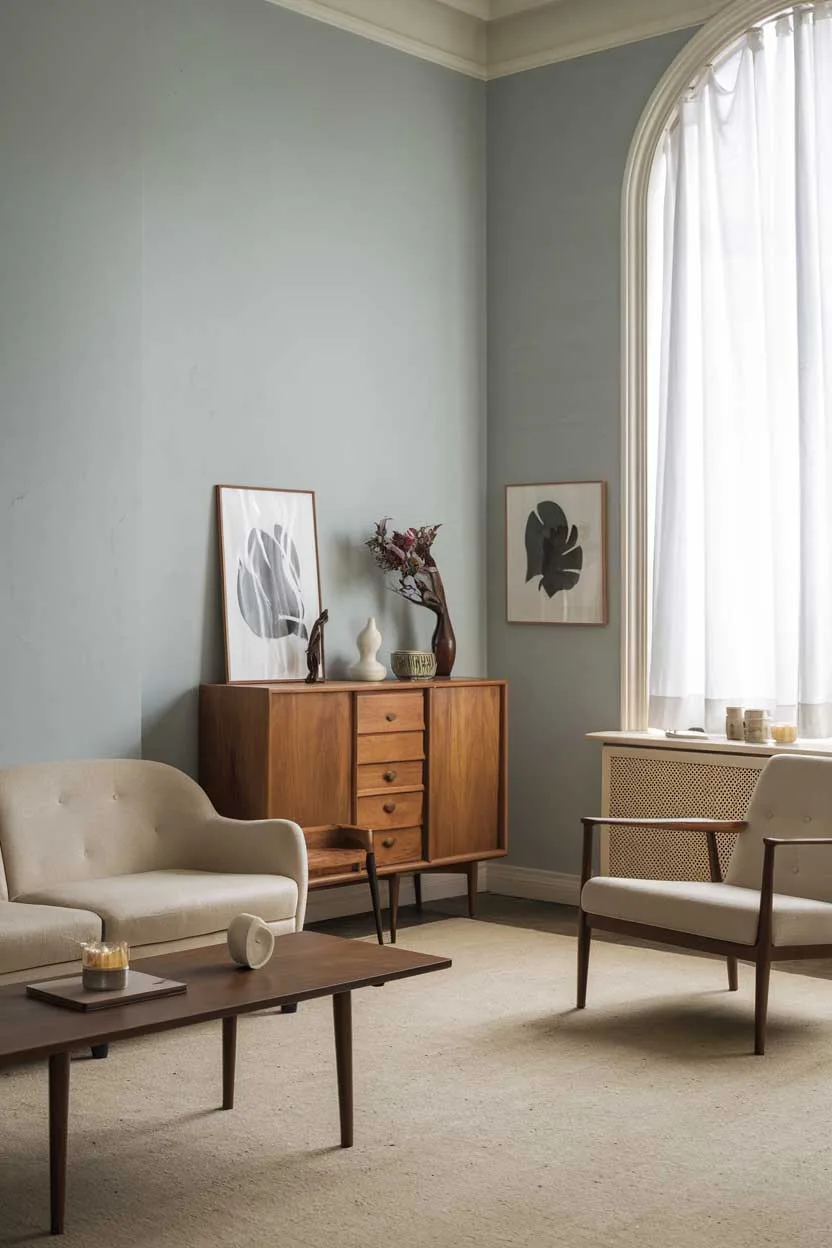 A minimalist vintage living room decor idea. The room has a beige sofa, a few wooden furniture pieces, and a few decorative items. The walls are painted a light blue color. There is a large window with a white curtain. The floor is covered with a beige rug.