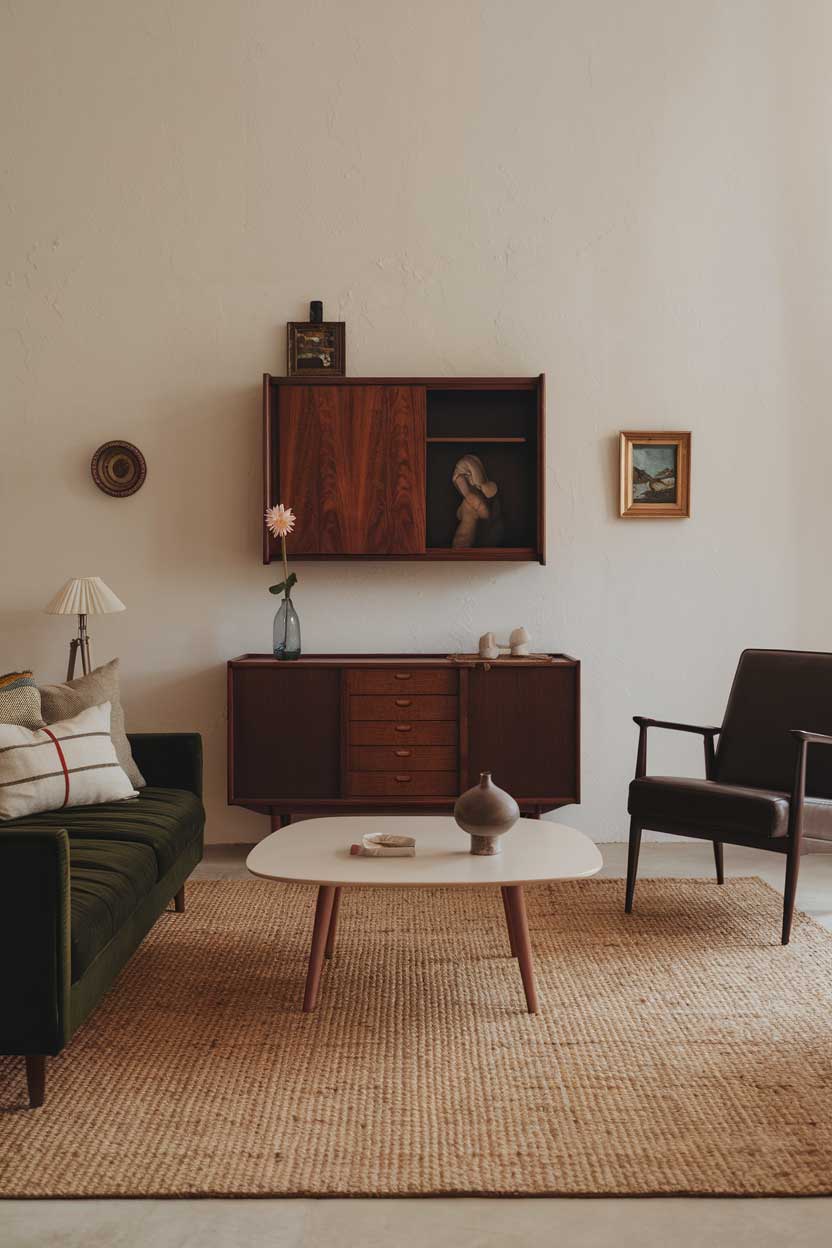 A minimalist vintage living room wall decor with a beige rug, a dark green sofa, a white coffee table, and a dark brown wooden chair. On the wall, there's a vintage wooden cabinet with a few decorative items, including a vase with a flower and a small painting. The room has a few throw pillows and a lamp.