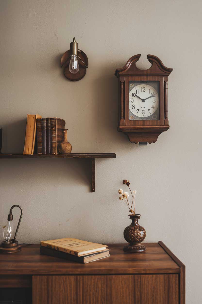 A minimalist vintage living room wall decor with a few items. There's an old-fashioned wooden clock, a small vintage lamp, a few old books, and a small decorative vase. The vase has a few dried flowers in it. The wall itself is painted in a muted beige color.