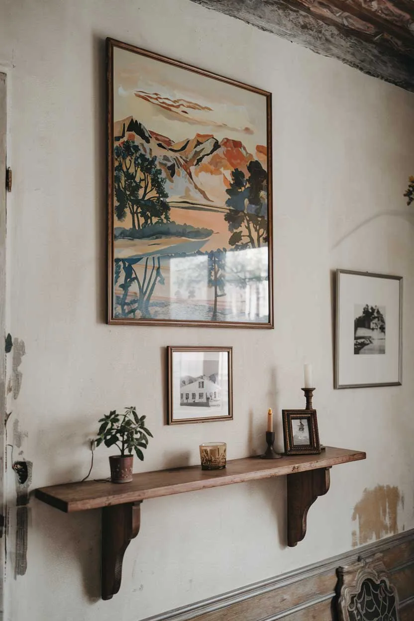 A photo of a vintage living room wall decor with a minimalist design. There is a large, framed painting of a landscape with mountains, trees, and a body of water. Below the painting, there is a small, framed photo of a building. On the wall, there is a wooden shelf with a few decorative items, including a small plant, a candle, and a small, framed photo. The wall and shelf have a distressed, weathered appearance. The room has a rustic charm.