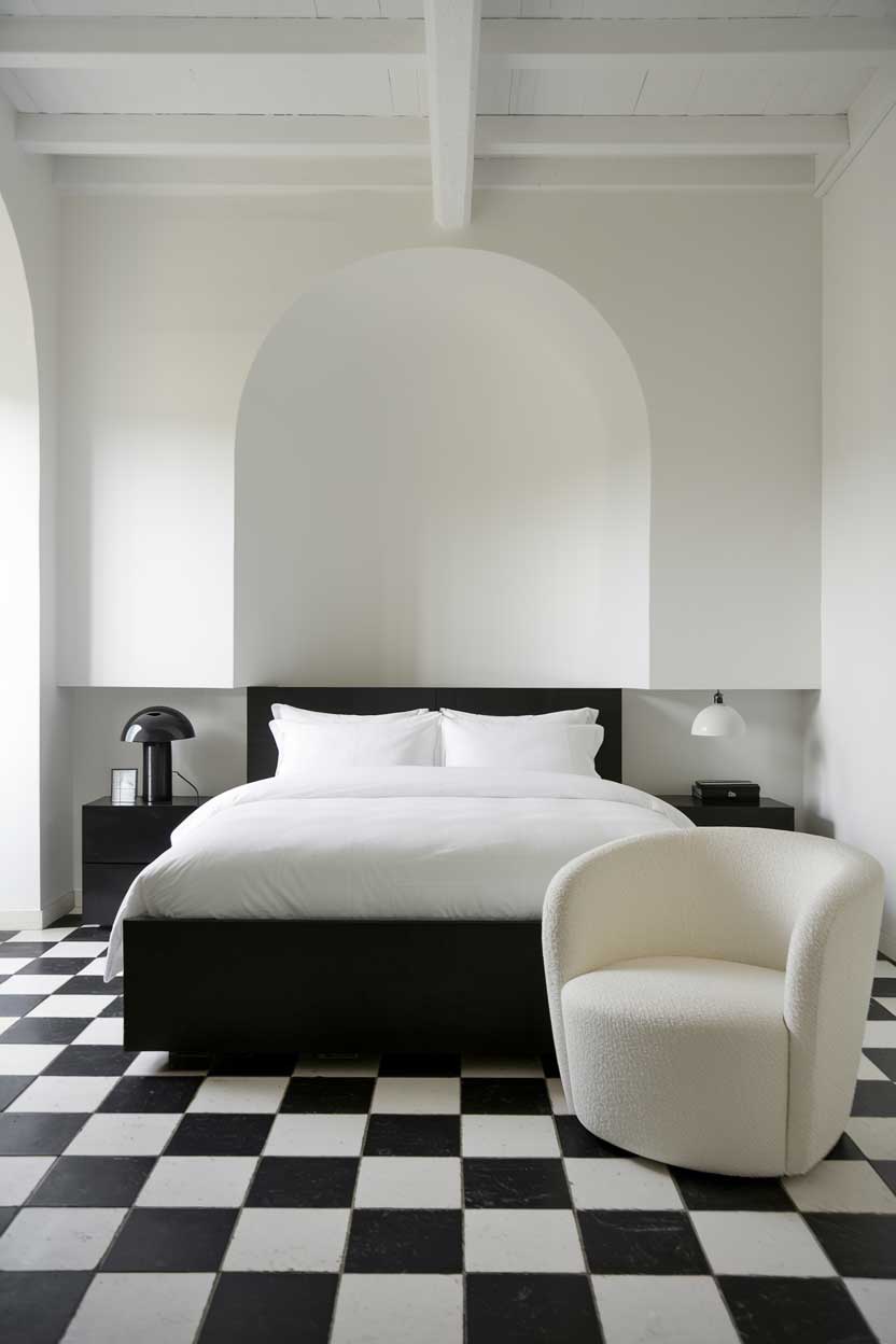 A photo of a minimalist white and black bedroom. There is a black bed with white bedding in the center of the room. A white chair is placed near the bed. The walls are white, and there is a black lamp on the nightstand. The floor is black and white checkered.