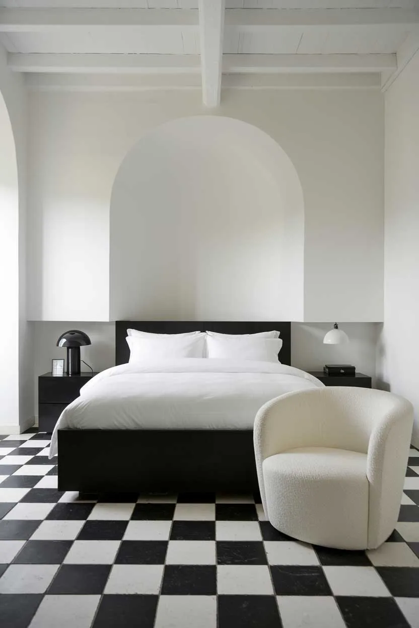 24 Minimalist White and Black Bedroom Ideas 1 A photo of a minimalist white and black bedroom. There is a black bed with white bedding in the center of the room. A white chair is placed near the bed. The walls are white, and there is a black lamp on the nightstand. The floor is black and white checkered.