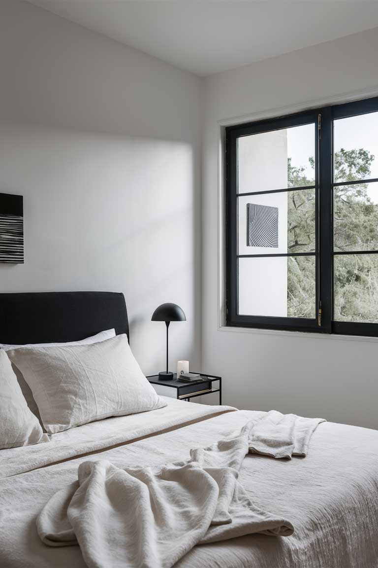 A stunning photograph of a minimalist bedroom in classic black and white tones. The headboard of the bed is black, contrasting with the crisp white linens. A small nightstand with a simple black lamp sits on one side, while a black-framed window showcases the tranquil outdoors. The room is adorned with a few tasteful black and white art pieces, adding depth and character. The overall ambiance is serene and peaceful, evoking a sense of clean simplicity and elegance.