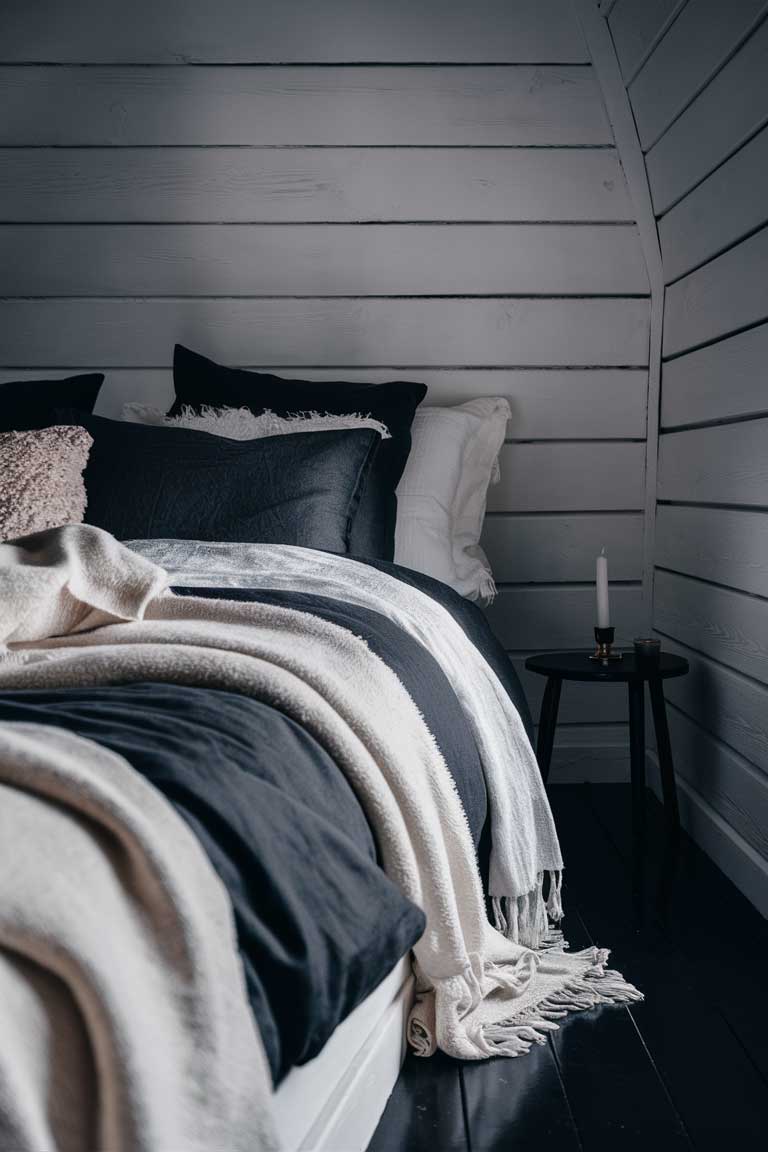 A beautifully composed close-up image of a cozy minimalist bedroom, featuring an inviting white and black color scheme. The bed is dressed in soft black linens, with a plush white throw pillow and warm blankets. The walls are painted in sleek white, contrasted by the black wooden floors. A small black table with a single white candle sits in the corner, casting a soft glow. The overall ambiance of the image is serene and calming, evoking a sense of relaxation and tranquility.