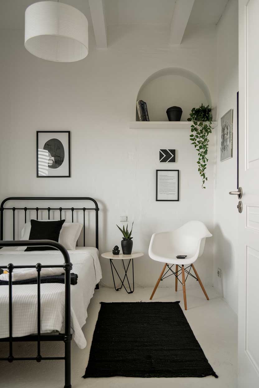 A photo of a cozy minimalist white and black bedroom. The room has a black metal bed frame with white sheets and a black pillow. There's a white chair in the corner. The wall has a white shelf with a black pot. There's a black rug on the floor. The room has a white lampshade with a black lamp. The room has a white door.