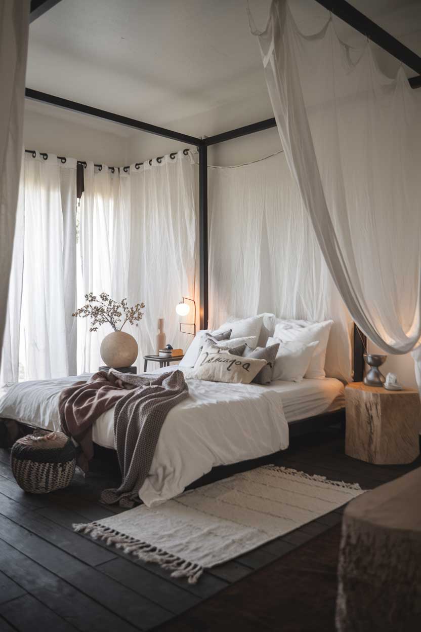 A cozy minimalist white and black bedroom with a comfortable bed, a simple nightstand, and a few decorative items. The room has a soft lighting. The floor is made of dark wood. There are white curtains covering a window.