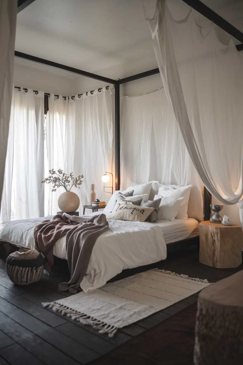 24 Minimalist White and Black Bedroom Ideas 5 A cozy minimalist white and black bedroom with a comfortable bed, a simple nightstand, and a few decorative items. The room has a soft lighting. The floor is made of dark wood. There are white curtains covering a window.